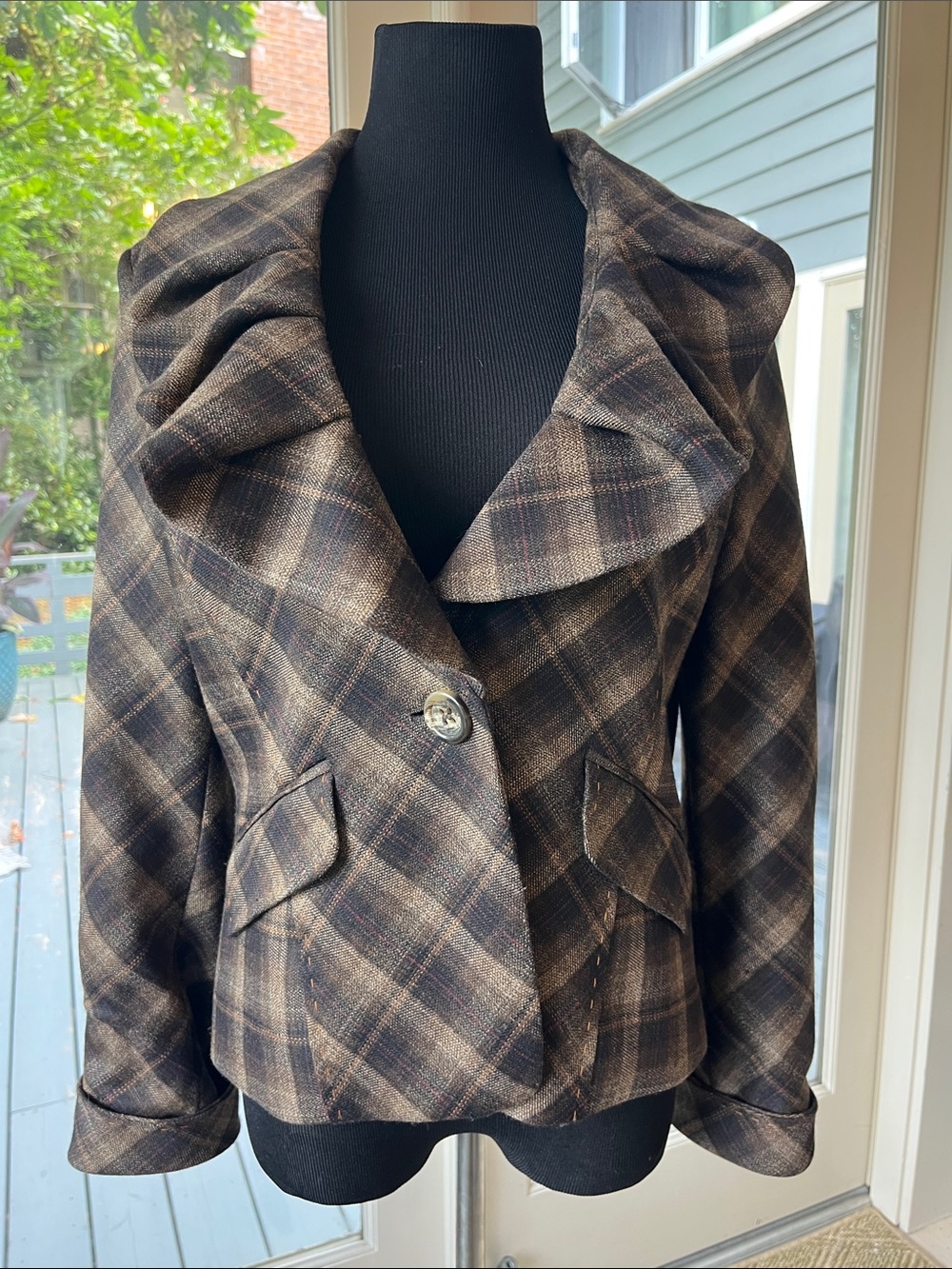 BCBGMaxAzria Brown and Black Plaid Wool Blend Blazer